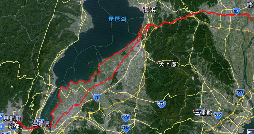 (岐阜→滋賀県道2号線→北野天満宮→ 金閣寺 →大原→琵琶湖大橋→湖岸道路→岐阜) 257km 17時間半 ロードバイク